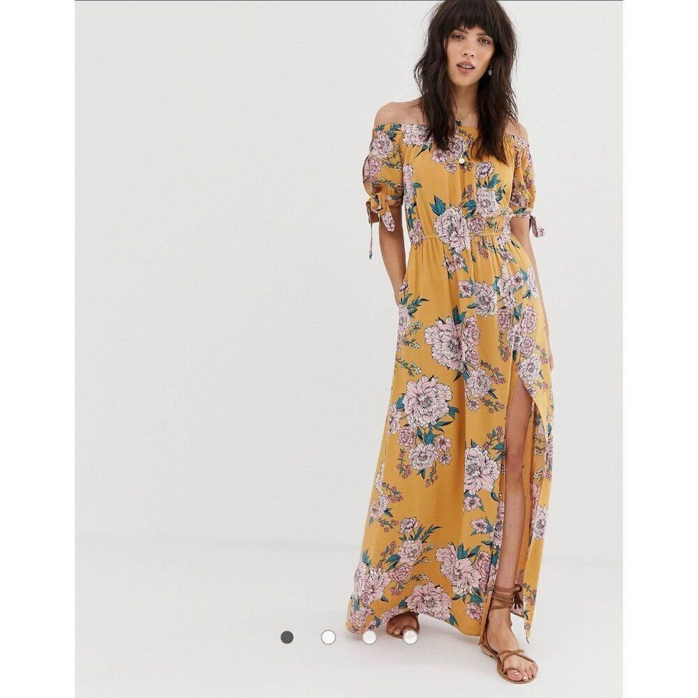 Band of Gypsies Women Yellow Floral Print Cold Shoulder Maxi Dress Size M